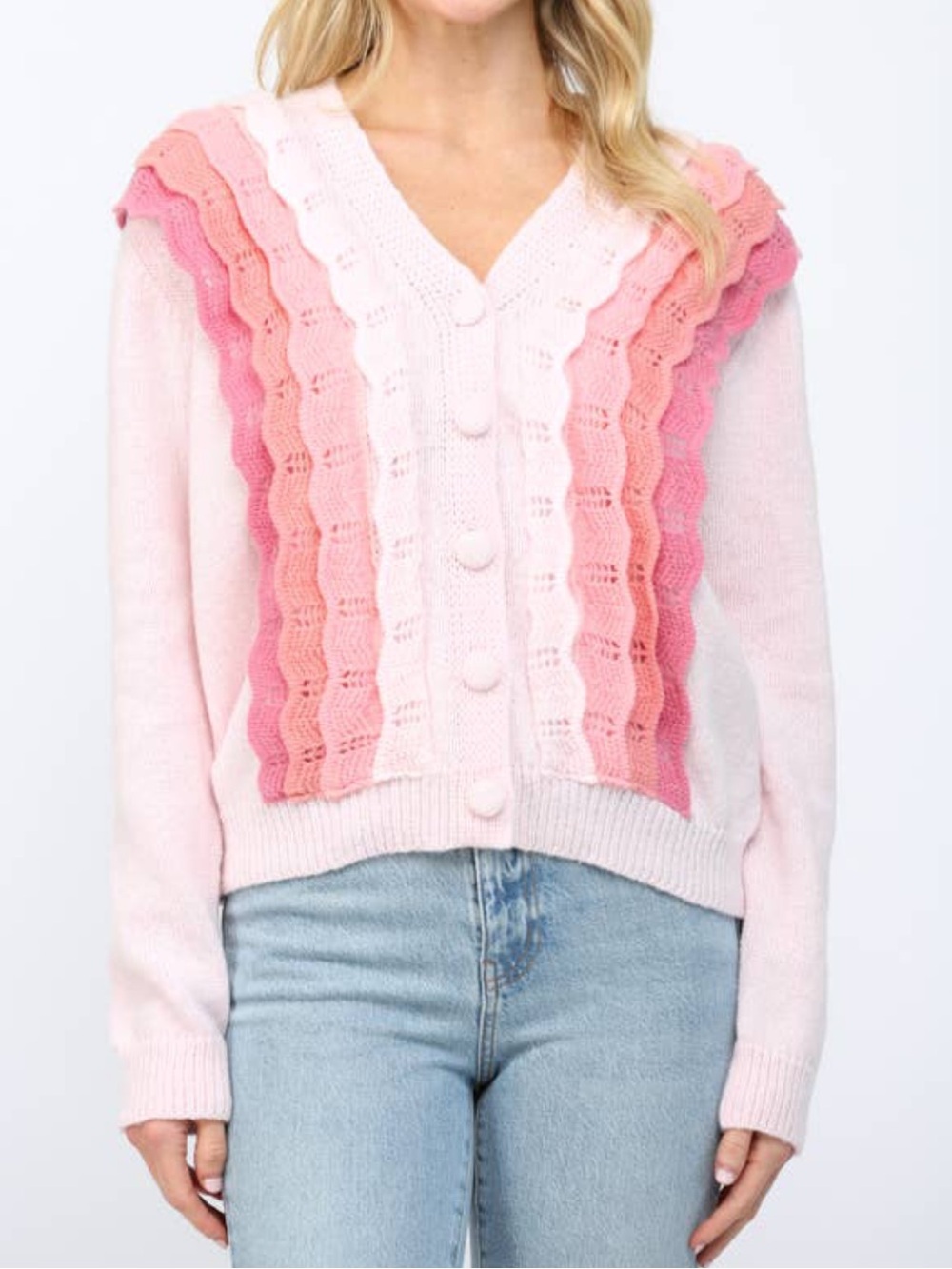 V-Neck Pink Gradient Ruffle Knit Cardigan Sweater by fate NWOT - Picture 2 of 9